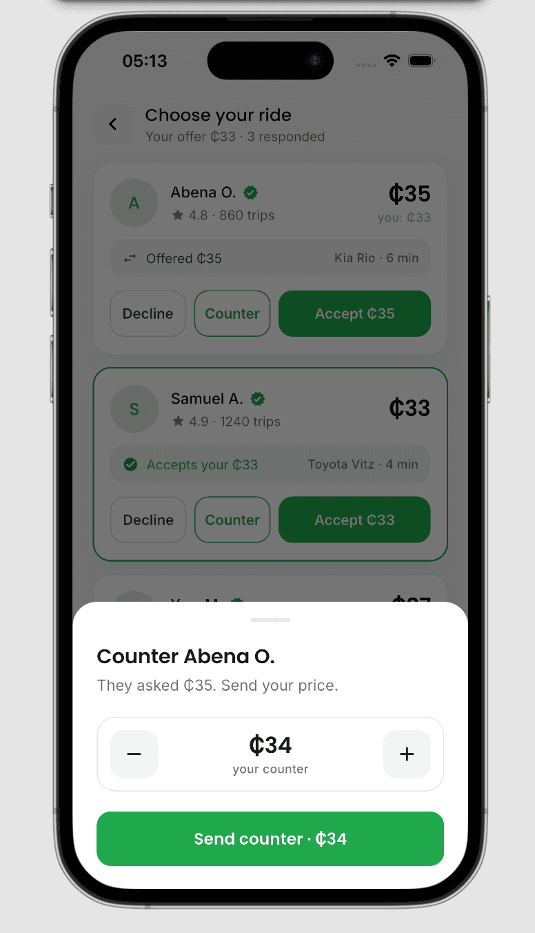 Screenshot - driver offer and counter-offer chat